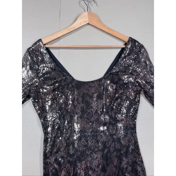 Guess Sequin Off Shoulder Bodycon Sheer Sleeve Dress - Picture 2 of 12